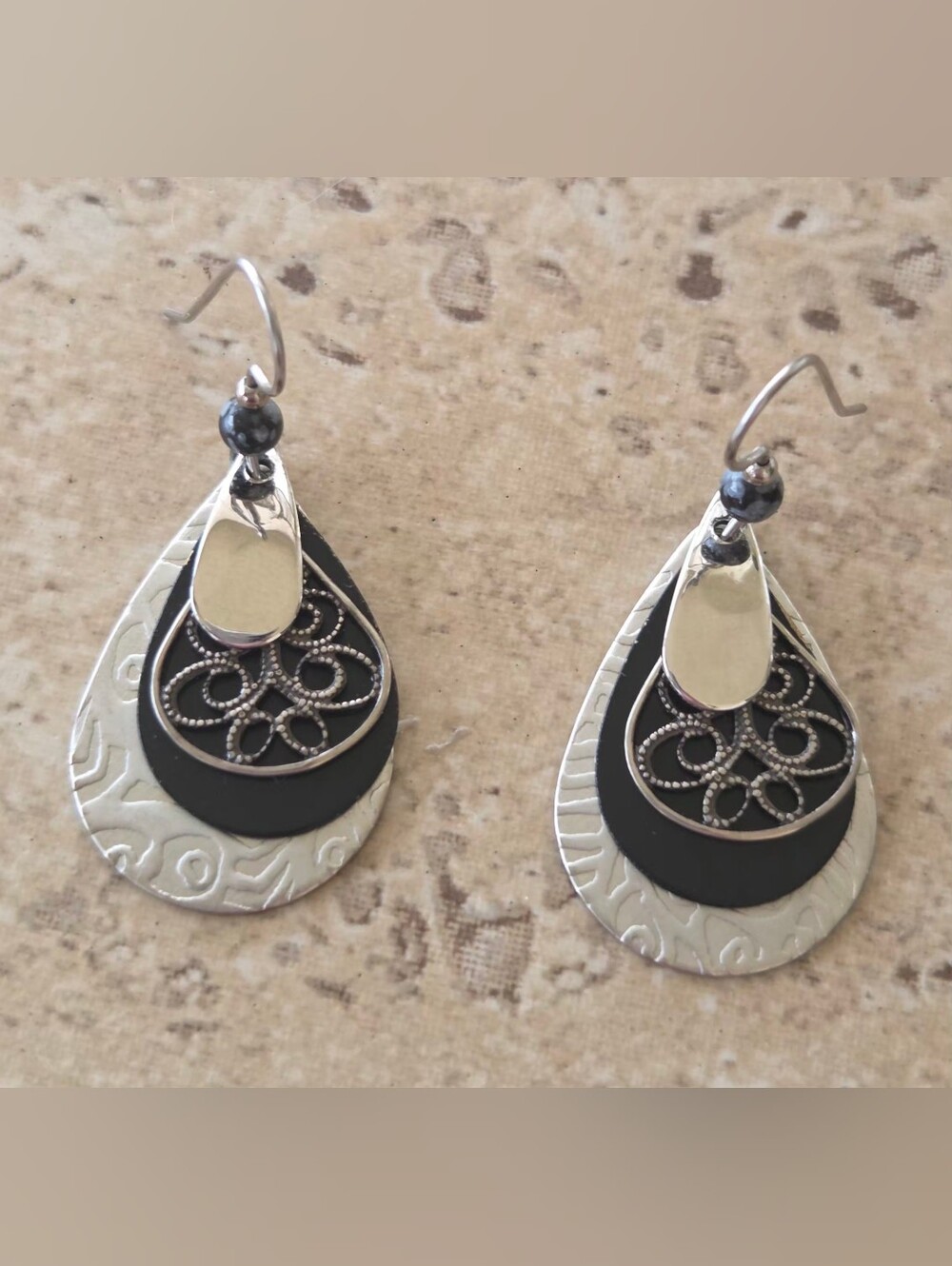 ​Mixed Metal Silver & Black Filigree Teardrop Dangle Earrings
